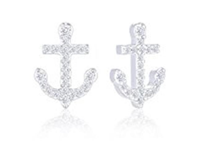18k White Gold Plated Cubic Zirconia Anchor Stud Earrings by Orrous & Co