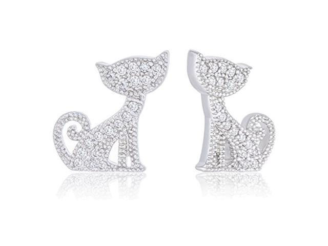 18k White Gold Plated Cubic Zirconia Cat Stud Earrings by Orrous & Co