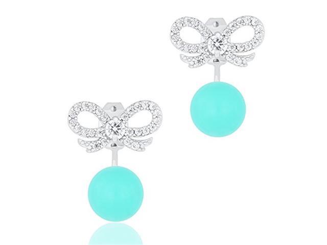 18k Gold Plated Robin Egg Blue Round Simulated Shell Pearl with Cubic Zirconia Bow Stud Earrings (8-8.5 mm)