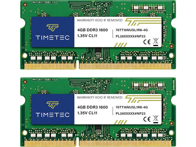 Timetec 8GB KIT(2x4GB) DDR3L / DDR3 1600MHz PC3L-12800 / PC3-12800 Non-ECC Unbuffered 1.35V / 1.5V CL11 1Rx8 Single Rank 204 Pin SODIMM Laptop...
