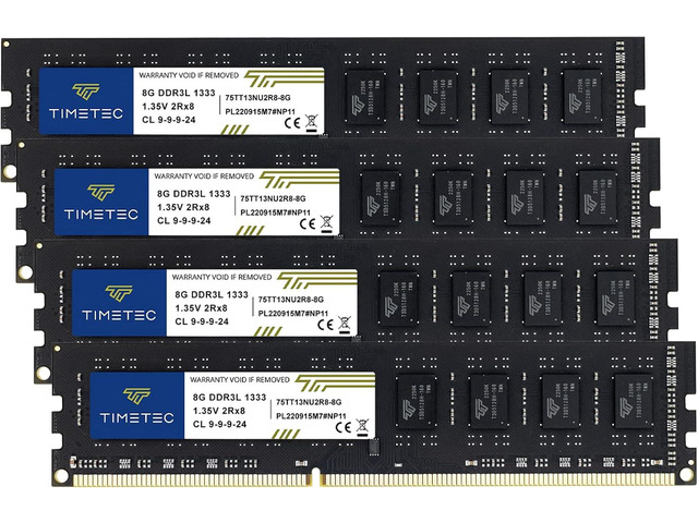 Timetec 32GB KIT(4x8GB) DDR3 / DDR3L 1333MHz PC3-10600 Non-ECC Unbuffered 1.5V / 1.35V CL9 2Rx8 Dual Rank 240 Pin UDIMM PC Desktop Computer Memory...