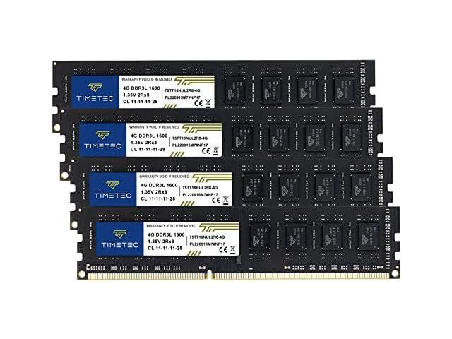Timetec 16GB KIT(4x4GB) DDR3L / DDR3 1600MHz PC3L-12800 / PC3-12800 Non-ECC Unbuffered 1.35V / 1.5V CL11 2Rx8 Dual Rank 240 Pin UDIMM Desktop PC...