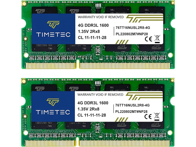 Timetec 8GB KIT(2x4GB) DDR3L / DDR3 1600MHz PC3L-12800 / PC3-12800 Non-ECC Unbuffered 1.35V / 1.5V CL11 1Rx8 Single Rank 204 Pin SODIMM Laptop...