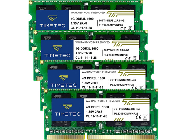 Timetec 16GB KIT(4x4GB) DDR3L / DDR3 1600MHz PC3L-12800 / PC3-12800 Non-ECC Unbuffered 1.35V / 1.5V CL11 2Rx8 Dual Rank 204 Pin SODIMM Laptop...