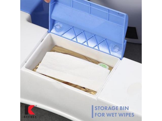 keeney manufacturing sqt1c 7' bathroom stool storage bin for cleaning wipes with tablet/smartphone holderwhite/blue toilet foot rest