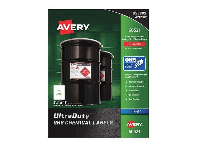 Avery Chem Label, 8-1/2'W x 11'H, 50 Labels, PK50 Synthetic Film 7278260521