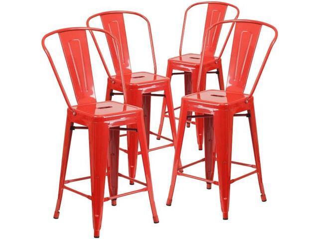 Flash Furniture Commercial 24' High Red Metal Indoor-Outdoor Counter Height Stool with Removable Back 4 Pack (4CH3132024GBRED)