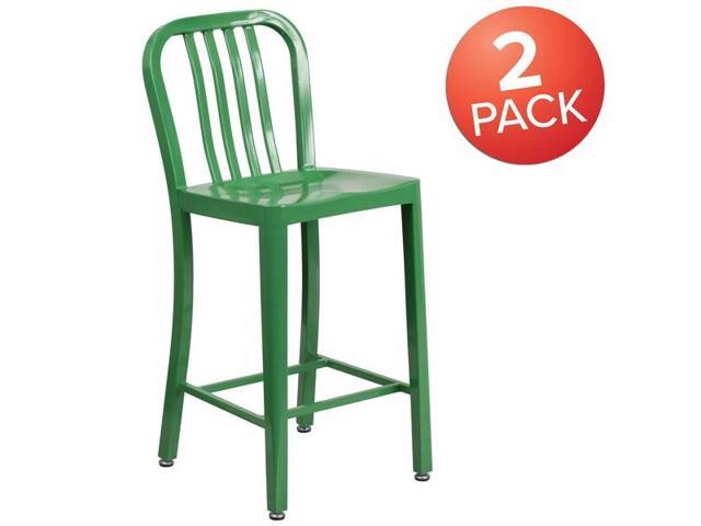 Flash Furniture 24' High Green Metal Indoor-Outdoor Counter Height Stool with Vertical Slat Back 2 Pack (2CH6120024GN)