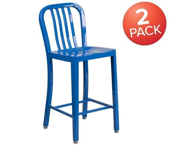 Flash Furniture 24' High Blue Metal Indoor-Outdoor Counter Height Stool with Vertical Slat Back 2 Pack (2CH6120024BL)