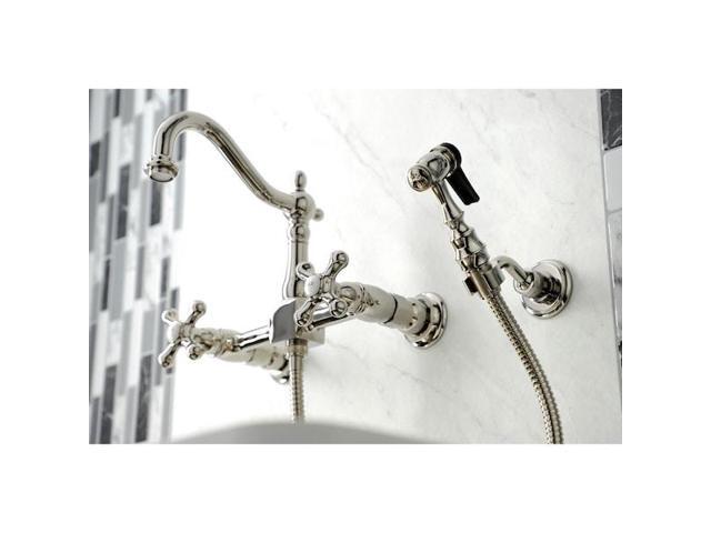 Kingston Brass KS1266AXBS Heritage Wall Mount Bridge Kitchen Faucet with Brass Sprayer, Polished Nickel