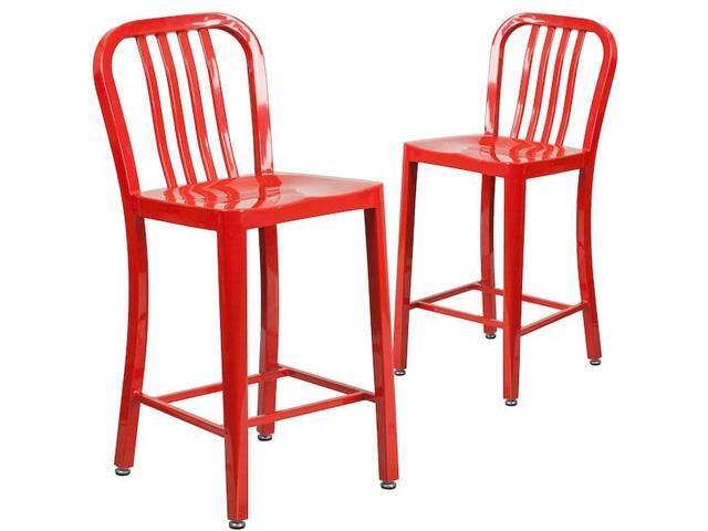 Flash Furniture 24' High Red Metal Indoor-Outdoor Counter Height Stool with Vertical Slat Back 2 Pack (2CH6120024RED)