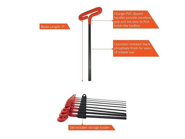 dynamic 8 piece 9' long t-handle, metric hex key set, 2mm - 10mm