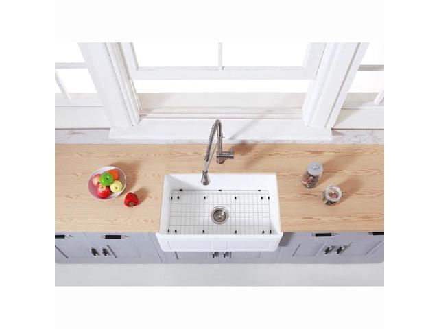 Gourmetier KGKFA301810DS Farmhouse Single Bowl Kitchen Sink with Strainer & Grid, Matte White/Brushed