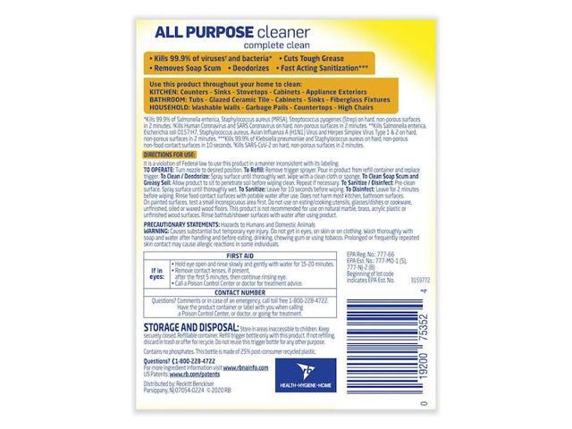 LYSOL REC 75352 All Purpose Cleaner, Trigger Spray Bottle, 32 oz, Lemon Breeze,