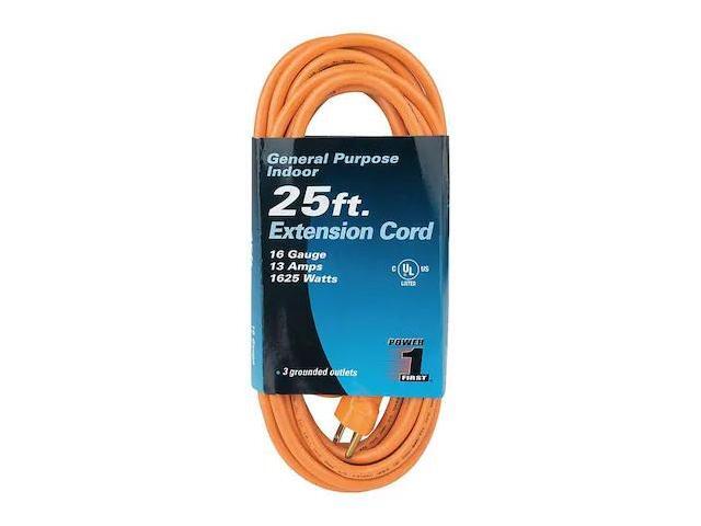 ZORO SELECT 1FD73 SJT Indoor Extension Cord, 16 AWG 3 Outlets, 5-15R, Orange,