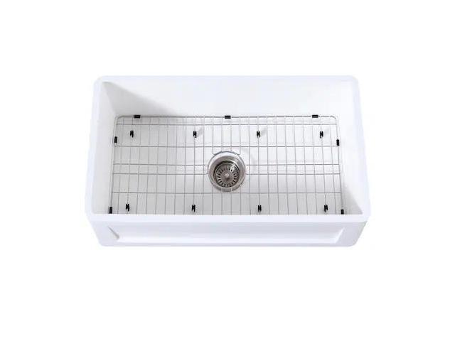 Gourmetier KGKFA301810SQ Farmhouse Single Bowl Kitchen Sink with Strainer & Grid, Matte White/Brushed