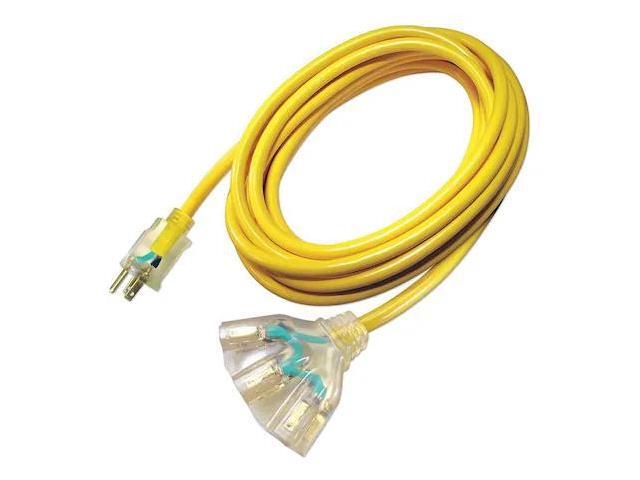 ZORO SELECT 4GAD2 SJTOW Extension Cord, 12 AWG 3 Outlets, 5-15R, Yellow, PVC,