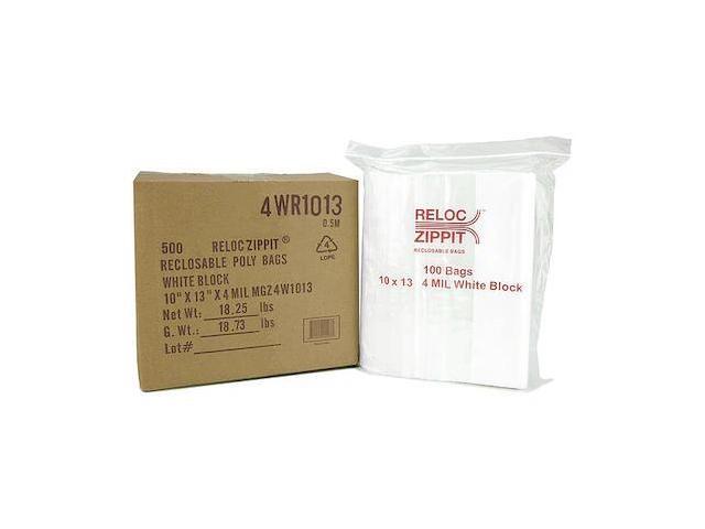 RELOC ZIPPIT 4WR1013 Reclosable Bag, 10in. L, 13in. W, 4 mil, PK500