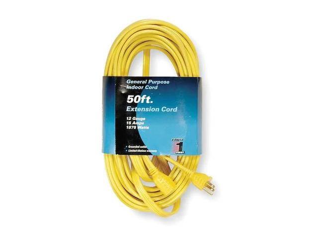 ZORO SELECT 1FD62 SPT-3 Indoor Extension Cord, 12 AWG 1 Outlet, 5-15R, Yellow,