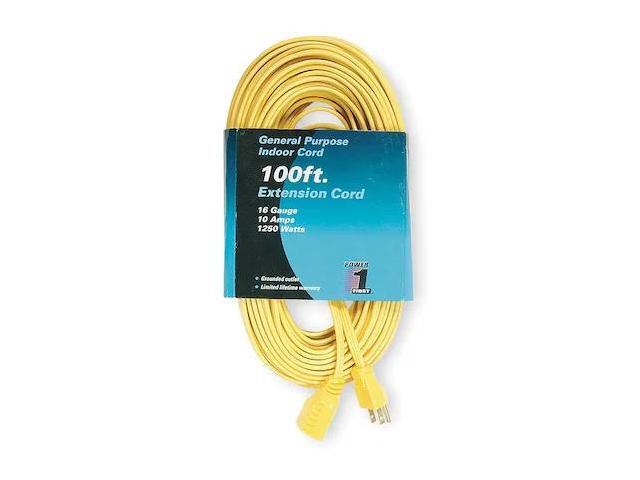 ZORO SELECT 1FD60 SPT-2 Indoor Extension Cord, 16 AWG 1 Outlet, 5-15R, Yellow,