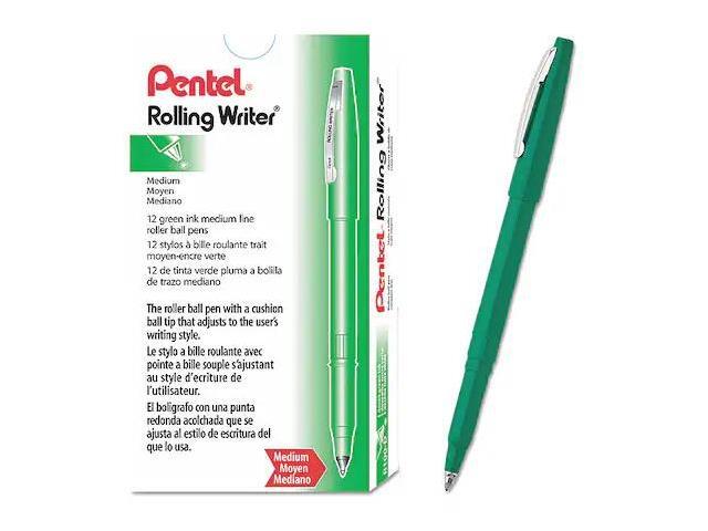 PENTEL PENR100D Roller Ball Roller Ball Pen, Medium 0.8 mm, Green PK12