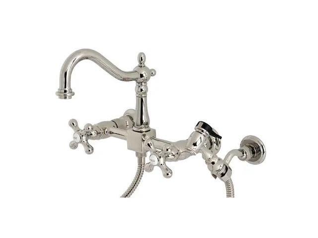 Kingston Brass KS1266AXBS Heritage Wall Mount Bridge Kitchen Faucet with Brass Sprayer, Polished Nickel