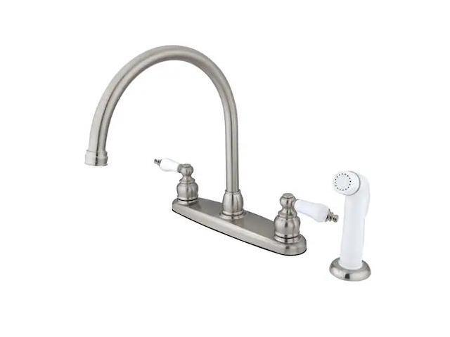 Double Handle Goose Neck Kitchen Faucet with White Sprayer