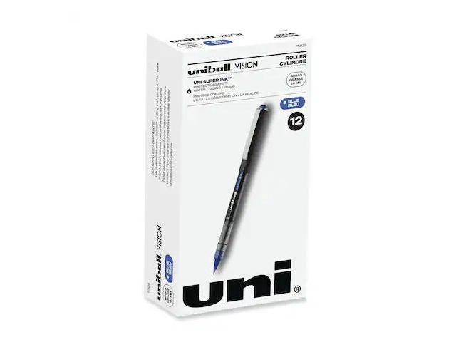 Uni-ball VISION Roller Ball Pen, Bold 1 mm, Blue Ink, Black/Blue Barrel, Dozen