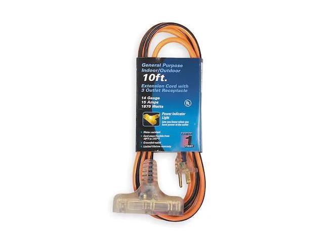 ZORO SELECT 1FD64 SJTW Outdoor Extension Cord, 14 AWG 3 Outlets, PVC, 5-15R,