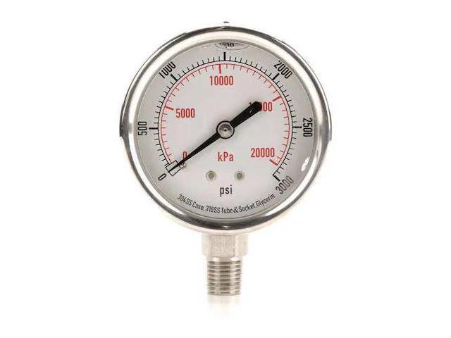 ZORO SELECT 4CFJ3 Commercial Pressure Gauge, 0 to 3,000 psi, 2 1/2 in Dial, 1/4
