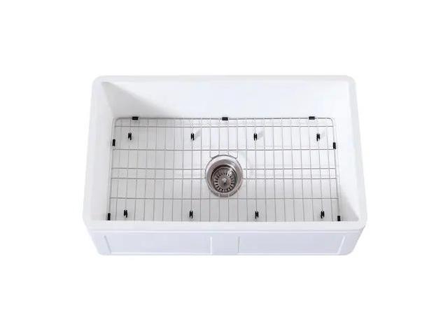 Gourmetier KGKFA301810DS Farmhouse Single Bowl Kitchen Sink with Strainer & Grid, Matte White/Brushed