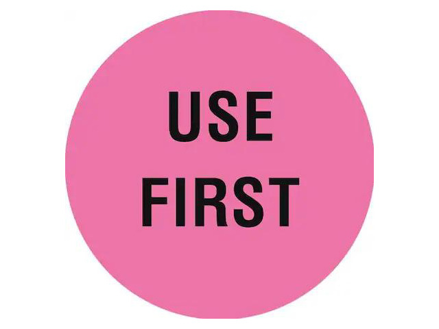 TAPECASE 16U948 Circle Inventory Control Label, Use First, Pink, Pk1000