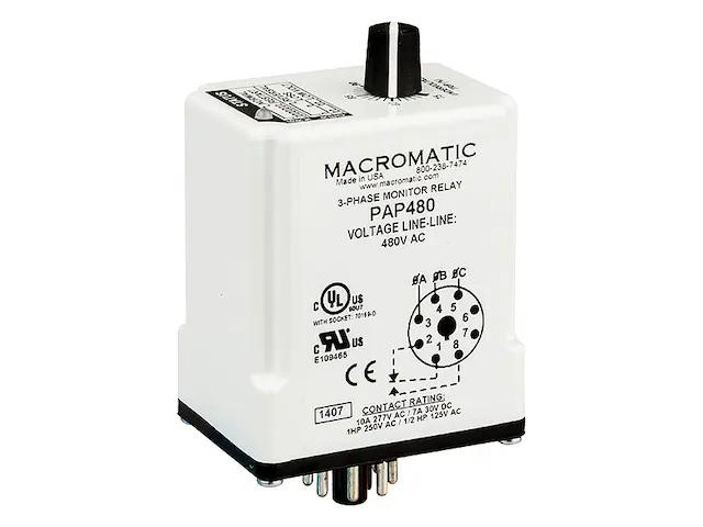 MACROMATIC PAP480 3 Phase Monitor Relay,SPDT,480VAC,8 Pin
