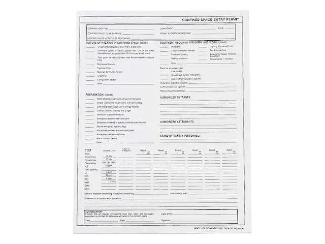 BRADY 65936 Confined Space Entry Permits,Paper,PK25
