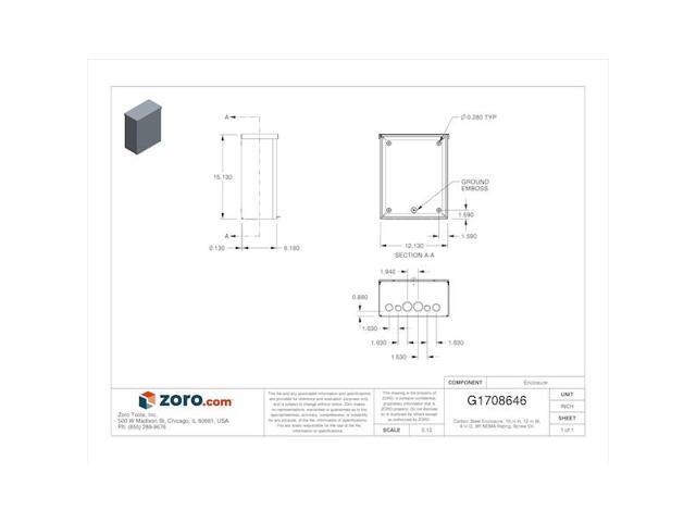 WIEGMANN RSC121506 Padlockable Hasp Electrical Enclosures, 15 in H, 6 in D, 12