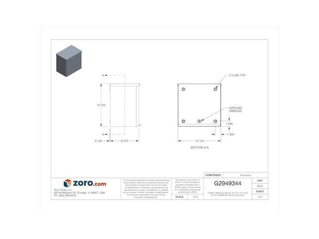 WIEGMANN RSC121208 Padlockable Hasp Electrical Enclosures, 12 in H, 8 in D, 12