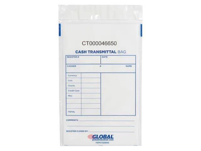 GLOBAL INDUSTRIAL 320840 Cash Transmittal Bag, 6W x 9H, Clear, 100PK