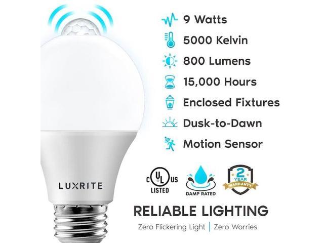 LUXRITE LR21483-2PK A19 LED Light Bulbs Dusk to Dawn Motion Sensor 9W=60W 800LM