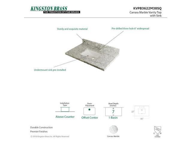 Kingston Brass KVPB3622M38SQ Templeton Vanity Sink Top, 36' x 22', Carrara Marble