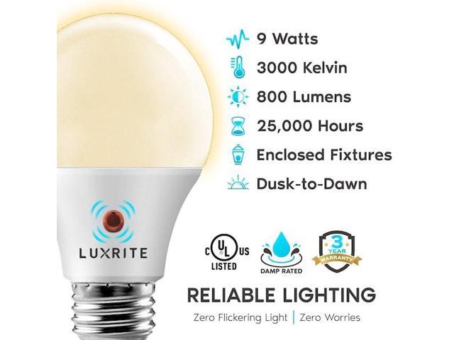LUXRITE LR21471-2PK A19 LED Light Bulbs Dusk to Dawn 9W (60W Equivalent) 800LM