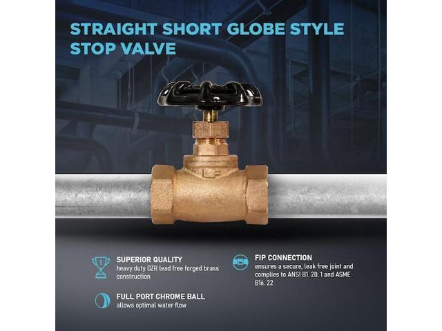 EVERFLOW 73342-NL FIP Short Globe Style Stop Valve, Brass 3/4'