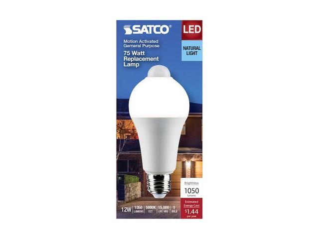 SATCO S11446 12 Watt A19 LED, White, 5000K, 1050 Lumens, 120 Volt, PIR Sensor,