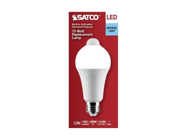 SATCO S11446 12 Watt A19 LED, White, 5000K, 1050 Lumens, 120 Volt, PIR Sensor,