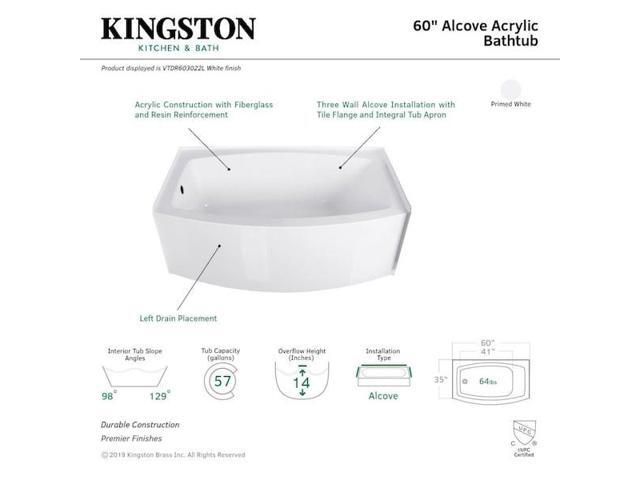 AQUA EDEN VTDR603022L Alcove Bathtubs, 60 L, 35 W, White, Acrylic