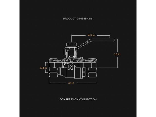 EVERFLOW 600M034-NL Compression Full Port Ball Valve, Brass 3/4'