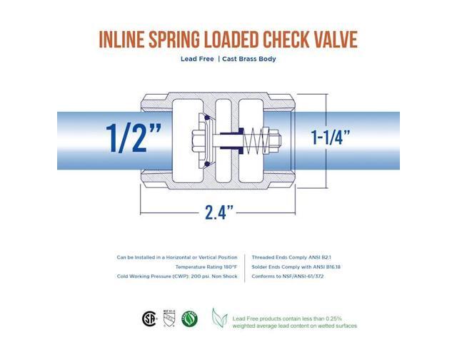 EVERFLOW 150T012-NL FIP Inline Spring Loaded Check Valve, Cast Brass 1/2'