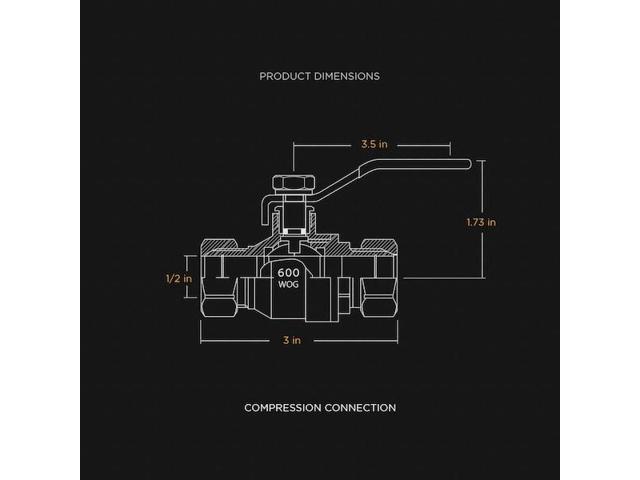 EVERFLOW 600M012-NL Compression Full Port Ball Valve, Brass 1/2'