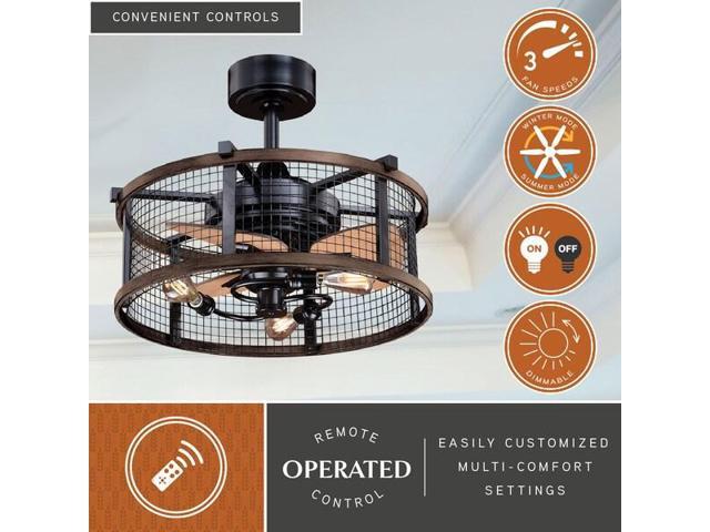 Humboldt Bronze and Teak Industrial Farmhouse Cage Ceiling Fan with LED Light Kit and Remote