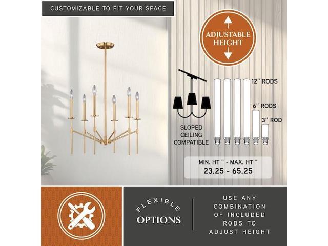 VAXCEL H0178 Kedzie 6 Light 2 Tier Brass Mid-Century Modern Chandelier