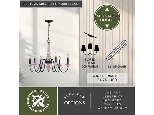 VAXCEL H0236 Georgetown 6 Light Gray Wood Farmhouse Chandelier